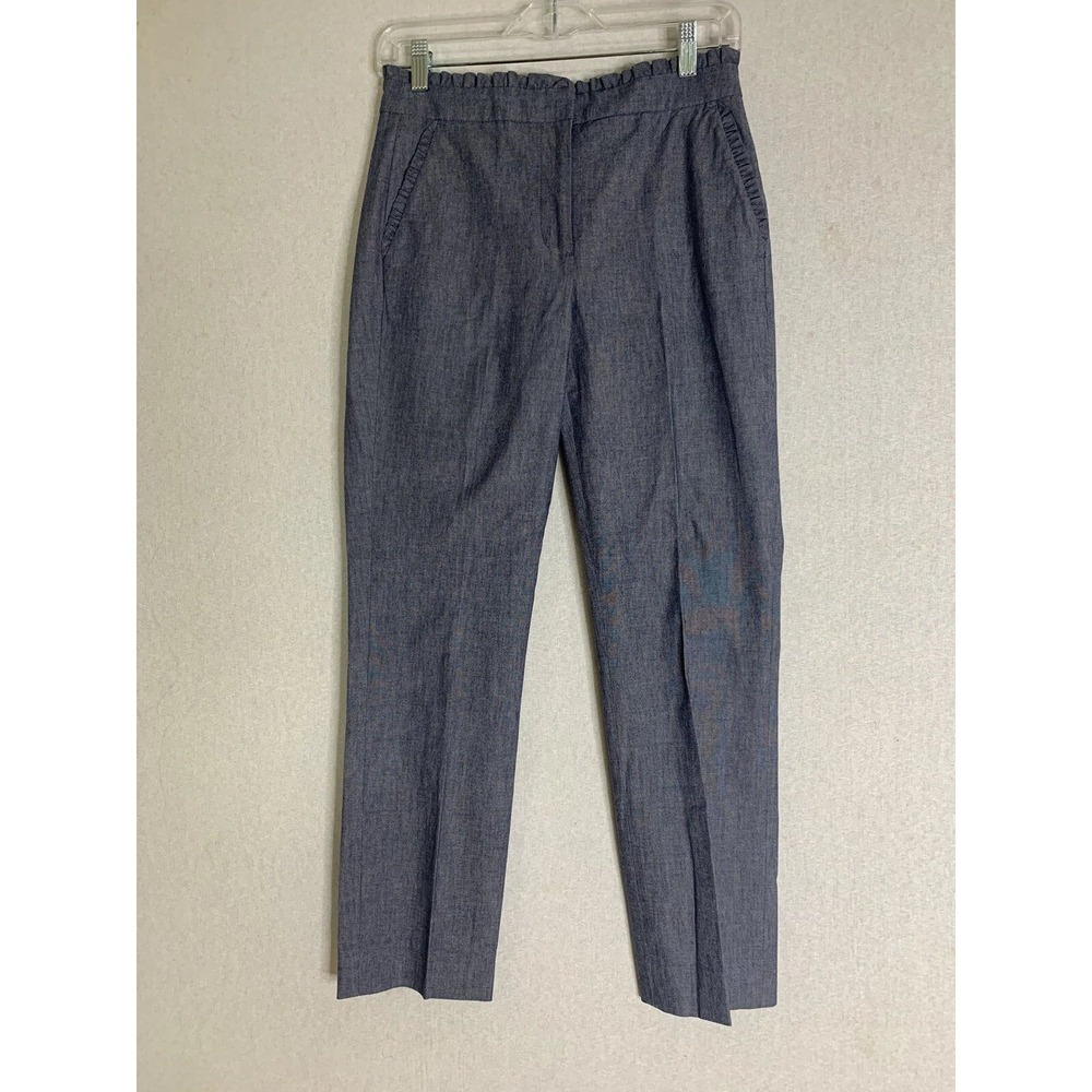 J.Crew Ankle Pants Womens 0 Blue Ruffle Waist Chambray Stretch Career Capsule